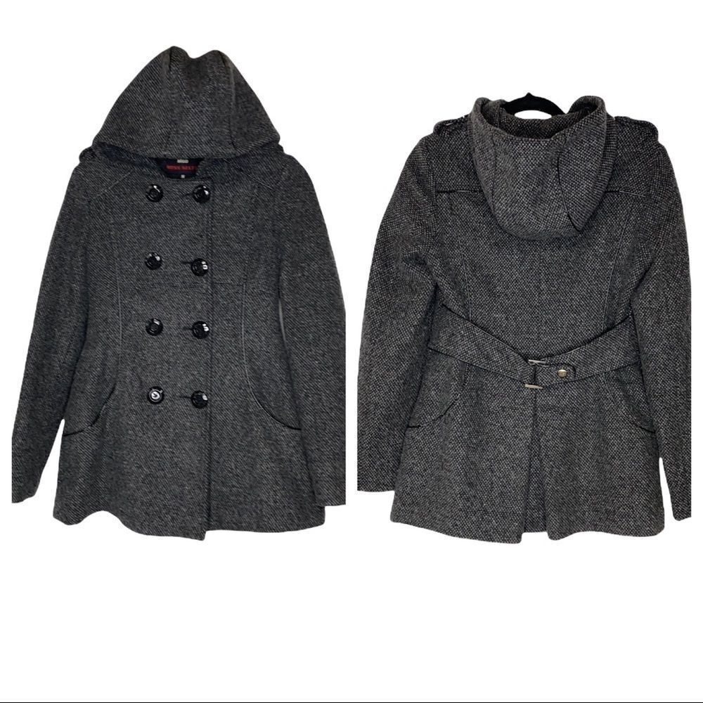 Miss Sixty Wool Blend Double Breasted Belted Pea Coat Grey Tweed Small EUC